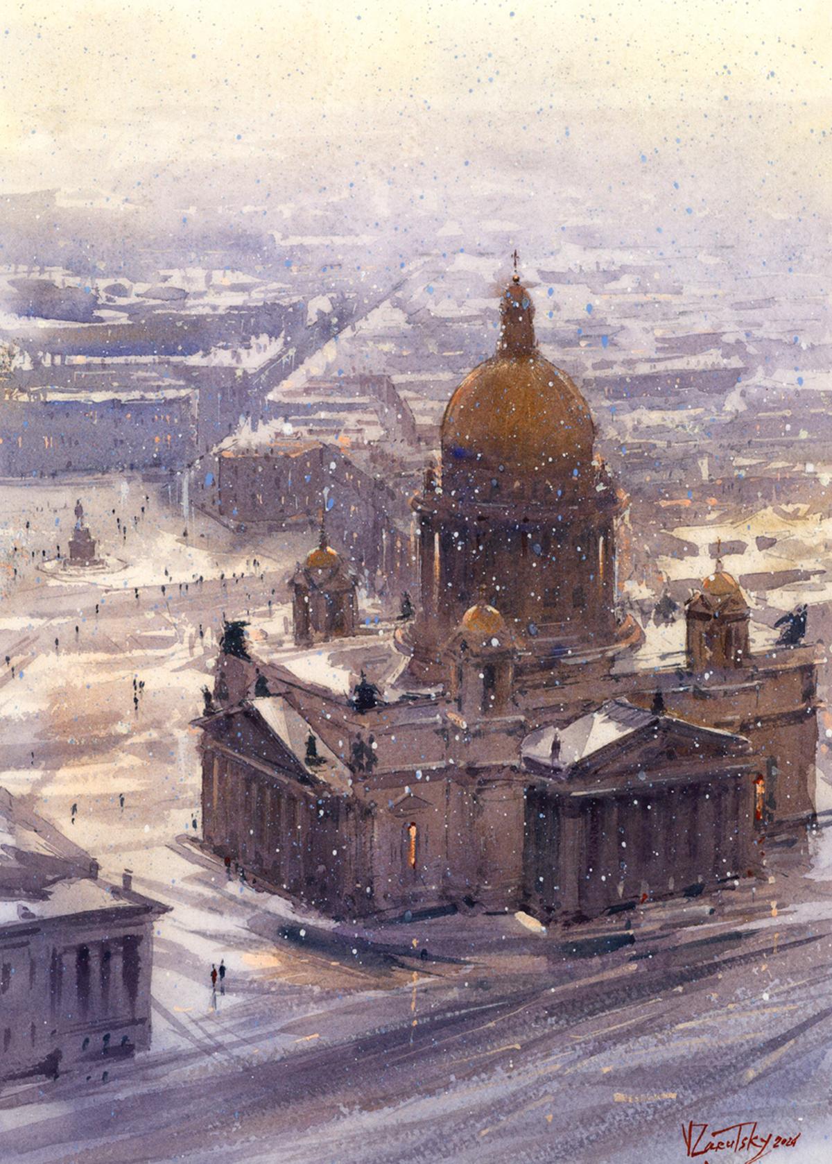 Пейзаж Исаакиевского собора акварелью
