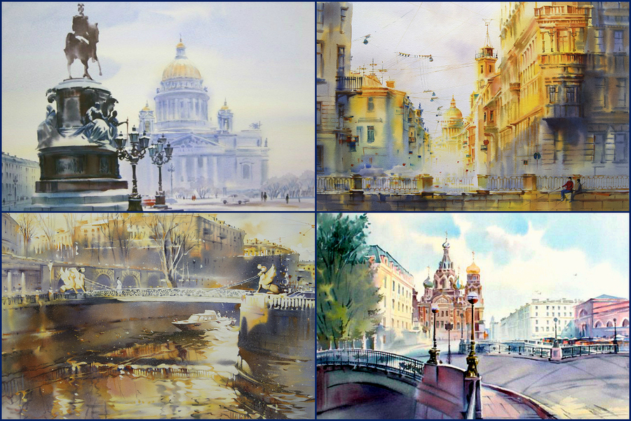 Четыре акварельных пейзажа Петербурга, детально проработанных